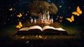 magical old book, fairytale castle tree ancient dream open open light imagination