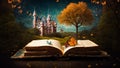 magical old book, fairytale castle tree ancient fantasy open open light imagination