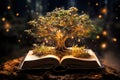A magical old book, from the pages of which a tree grows, in a bright glow