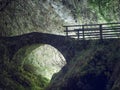 Magical old bridge,by night, light behind.