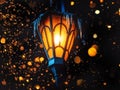 A Magical Old Street Lantern Shines on the Street at Night. Many bright lights around.. Vintage Old Street Classic Iron Lantern On Royalty Free Stock Photo