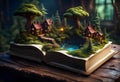 open book coming to life a giant forest village coming to life on the pages Royalty Free Stock Photo