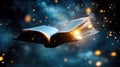 Magical open book with glowing pages in mystical atmosphere Royalty Free Stock Photo