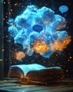Magical open book, sparkling cloud, chat bubbles, digital knowledge, communication, technology, modern. Royalty Free Stock Photo
