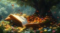 Magical open book surrounded by colorful flowers and butterflies under a large tree