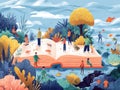 Magical open book world with people exploring nature and knowledge Royalty Free Stock Photo