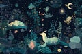 Magical and otherworldly wallpaper pattern of ethereal flowers, floating bubbles, and mystical creatures such as dragons