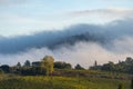 Magical outline of a misty valley in the morning landscape, the countryside of Tuscany, Italy, Europe Royalty Free Stock Photo