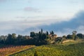 Magical outline of a misty valley in the morning landscape, the countryside of Tuscany, Italy, Europe Royalty Free Stock Photo