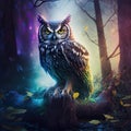 A magical owl in a dark misty forest with dramatic phantasmal iridescent lighting, ai generated Royalty Free Stock Photo