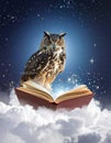 Magical Owl Reading an Open Book on Clouds Under a Starry Night Sky Royalty Free Stock Photo