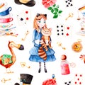 Magical pattern with lovely rose,playing cards,hat,old clock and golden keys,young girl