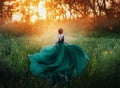 Magical picture, girl with red hair runs into dark mysterious forest, lady in long elegant royal expensive emerald green Royalty Free Stock Photo
