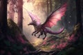 magical pink dragon flying over enchanted forest