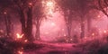 A Magical Pink Forest with Glowing Fireflies Creating a Dreamlike Enchanted Realm Royalty Free Stock Photo