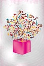 Magical pink gift box with colorful swirls on stamp designed background Royalty Free Stock Photo