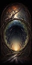 magical portal with arch made with tree branches in for illustration design art.