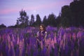 A magical portrait of a young girl in a gradient dress in a purple-pink lupine field at night. Royalty Free Stock Photo