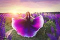 A magical portrait of a young girl in a gradient dress in a purple-pink lupine field at sunset. Royalty Free Stock Photo