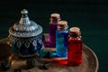 Magical potions and a glass pot with RPG dice Royalty Free Stock Photo