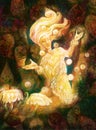 Magical radiant fairy spirit in forest dwelling making floating lights Royalty Free Stock Photo