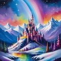 Magical rainbow castle and rainbow