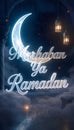 Marhaban Ya Ramadan Silver 3D Calligraphy with Glowing Crescent Moon and Hanging Lanterns Royalty Free Stock Photo