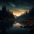 Magical Realism: Distaghil Sar Night Landscape With Pine Trees And Reflecting River Royalty Free Stock Photo