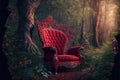 Magical red soft armchair in fairy tale forest