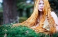 Magical redhead portrait of a young beautiful sexy woman, the long red hair full of autumn leaves, copy space Royalty Free Stock Photo