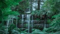 Magical Russel falls in mount field national park, Tasmania, enchanting serene waterfall in the heart of jungle. Green and gray Royalty Free Stock Photo