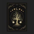 Magical sacred tree in moon phase decoration with engraving, hand drawn, luxury, celestial, esoteric, boho style, fit for