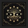 Magical sacred tree in moon phase decoration with engraving, hand drawn, luxury, celestial, esoteric, boho style, fit for