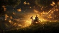 Magical scene with a couple riding mythical creatures through a field of sparkling fireflies