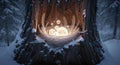 Enchanted glowing nest with luminous eggs nestled in a snowy tree trunk Royalty Free Stock Photo