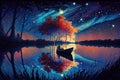 Magical scenic fantasy landscape with stars reflection in the lake, abstract painted style