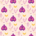 Magical seamless pattern. Mystic witch print Butterfly moon hands, crystals, fortune card Cute doodle witchcraft pattern