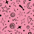 Magical seamless pattern of stars, swirls, the moon, comets, and various circles.vector Doodle illustrations