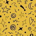 Magical seamless pattern of stars, swirls, the moon, comets, and various circles.vector Doodle illustrations