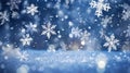 Magical shiny frozen snowflakes and snowfall sky, blue background with beautiful festive light bokeh, winter and Christmas Royalty Free Stock Photo