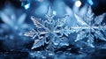 Magical shiny frozen snowflakes and snowfall sky, blue background with beautiful festive light bokeh, winter and Christmas Royalty Free Stock Photo