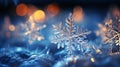 Magical shiny frozen snowflakes and snowfall sky, blue background with beautiful festive light bokeh, winter and Christmas Royalty Free Stock Photo