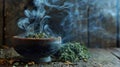 Magical smoke and herbal tea ingredients floating in dark mystical atmosphere