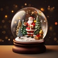 Magical snow globe with Christmas decorations. Generative AI. Dark background Royalty Free Stock Photo