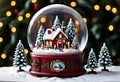 Magical snow globe with Christmas house inside, with snowy trees. Generative AI Royalty Free Stock Photo