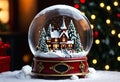Magical snow globe with Christmas house inside, with snowy trees. Generative AI Royalty Free Stock Photo