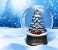 Magical Snow Globe with Christmas Tree on Blue Background Royalty Free Stock Photo