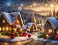 Magical snowy scene with illuminated log cabins and festive decorations