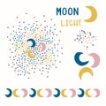 Magical Space Triple Moon Icon Set. Glowing Stardust Sprinkles Sky and Moonlight Border. Kawaii Cute Design Elements for Kids Royalty Free Stock Photo