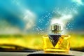 Magical sparkles falling on glass perfume bottle Royalty Free Stock Photo